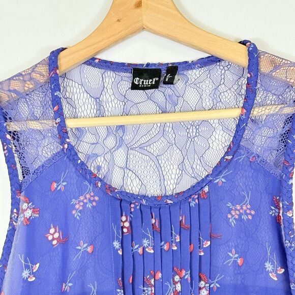 Cruel Girl Western Purple Floral Sheer Chiffon Lace Shirt Top Women's Large - Picture 2 of 7